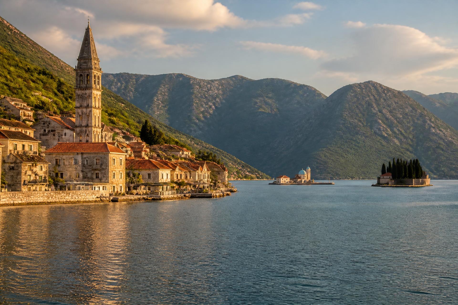 Morning light over the Bay of Kotor with stone terraces and cypress trees