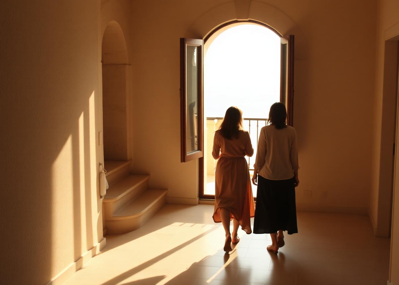 Walking through a sunlit Mediterranean apartment towards a sea-view balcony